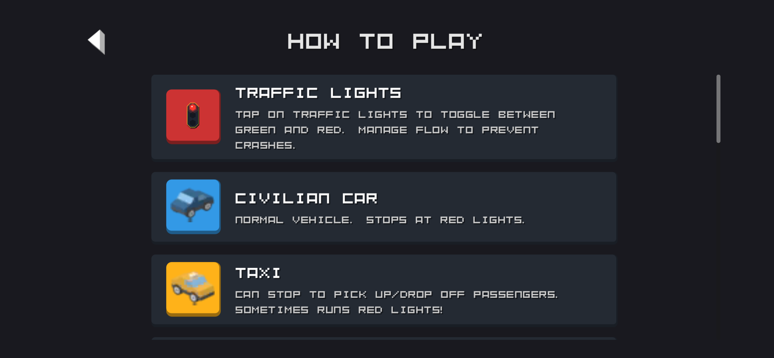 Crossroad Chaos how-to-play guide showing traffic lights and vehicles
